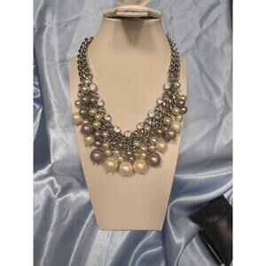 Chico's Gold Tone Two Stranded Curb Chain Faux Cream & Champagne Pearls Necklace